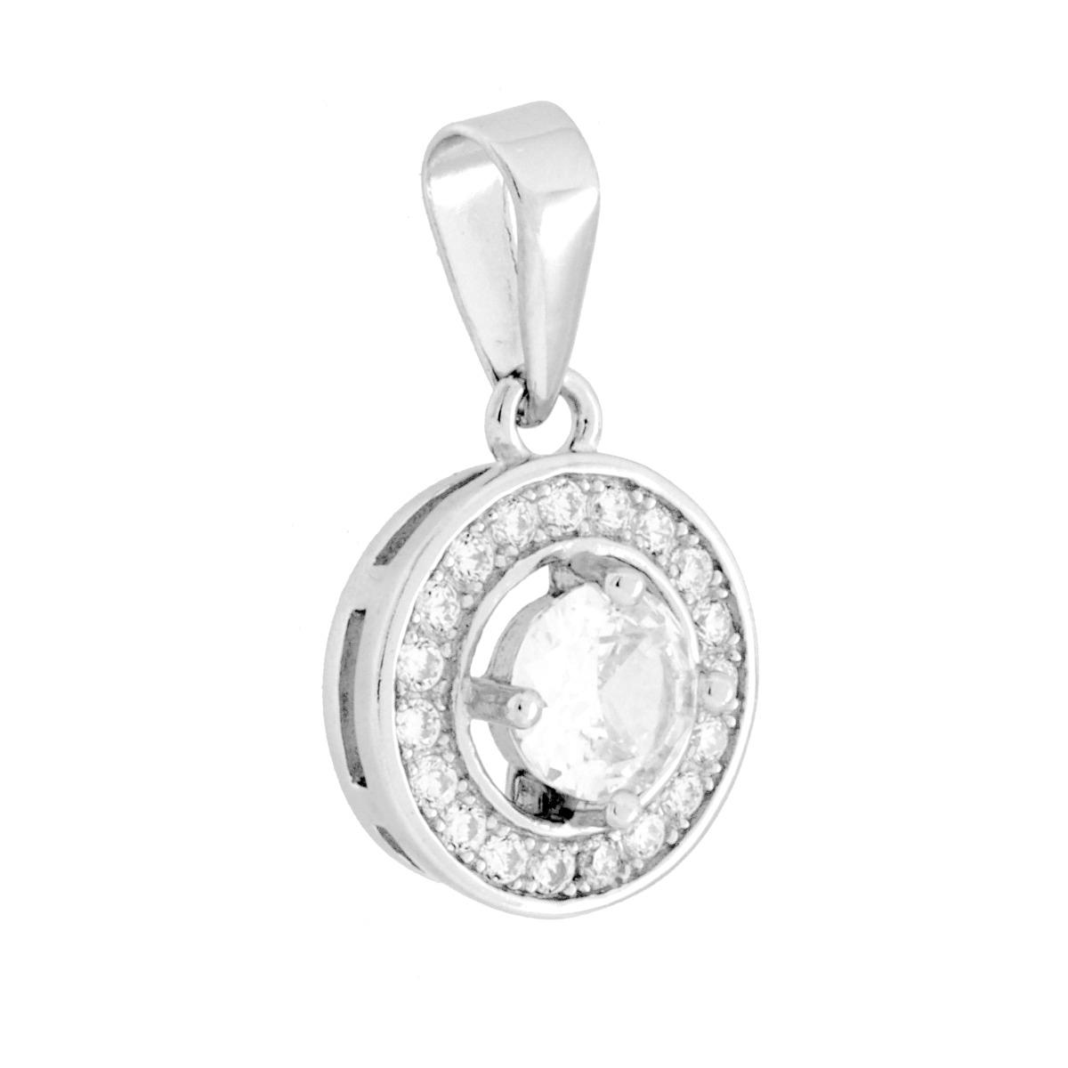 Parure Set Orecchini e Ciondolo Tondo Bianco contornato da Cubic Zirconia Bianchi in ARGENTO 925 Galvanica Rodio