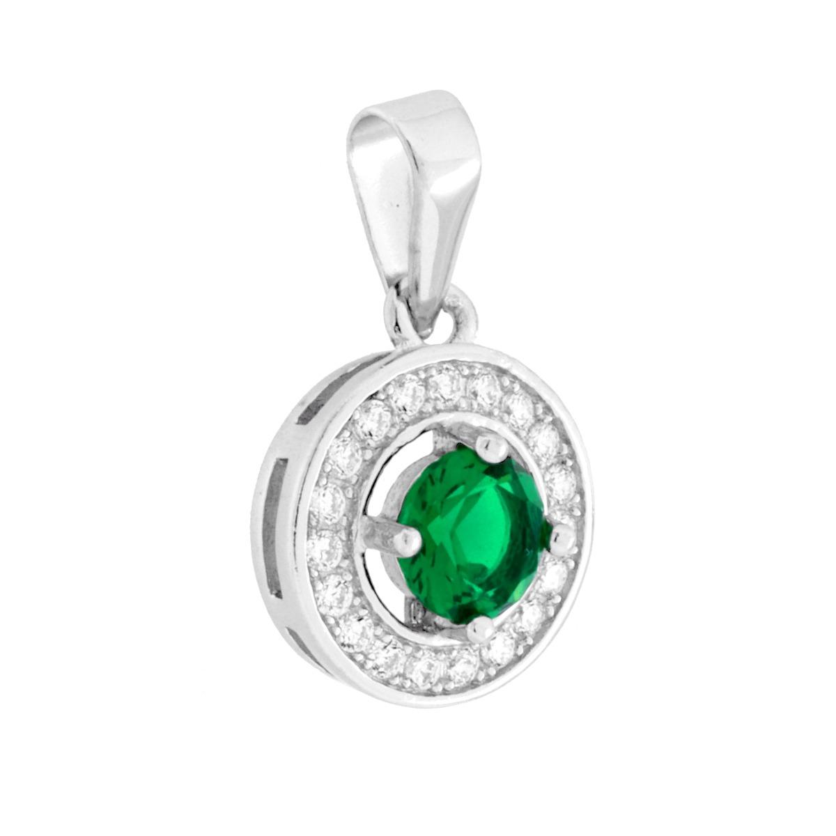 Parure Set Orecchini e Ciondolo Tondo Verde Smeraldo contornato con Cubic Zirconia Bianchi in ARGENTO 925 Galvanica Rodio