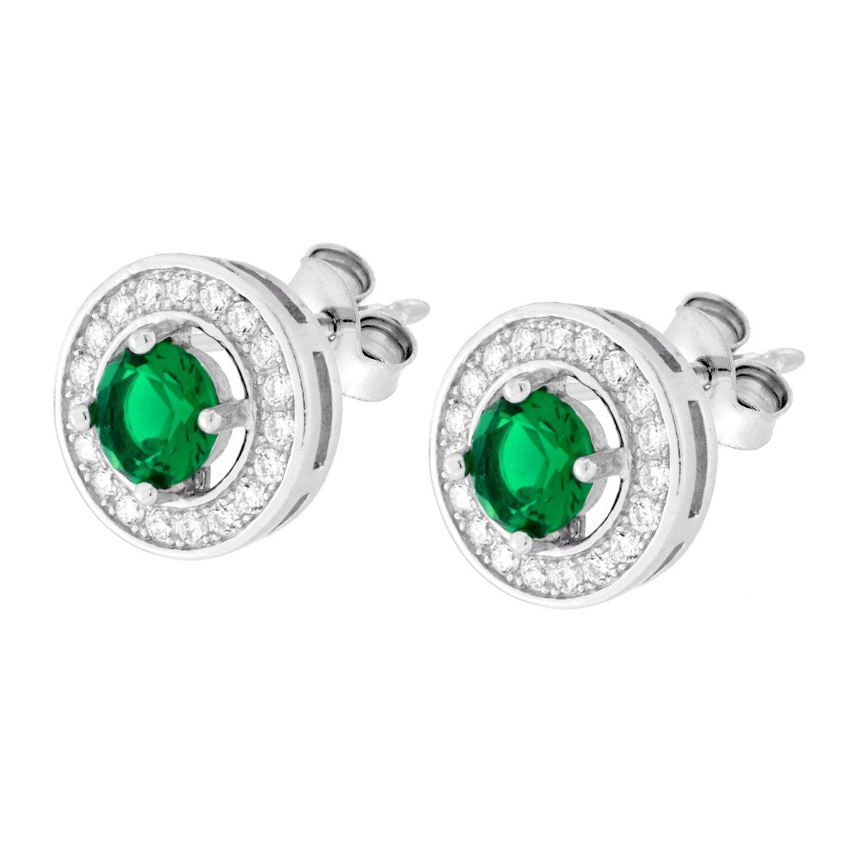 Parure Set Orecchini e Ciondolo Tondo Verde Smeraldo contornato con Cubic Zirconia Bianchi in ARGENTO 925 Galvanica Rodio