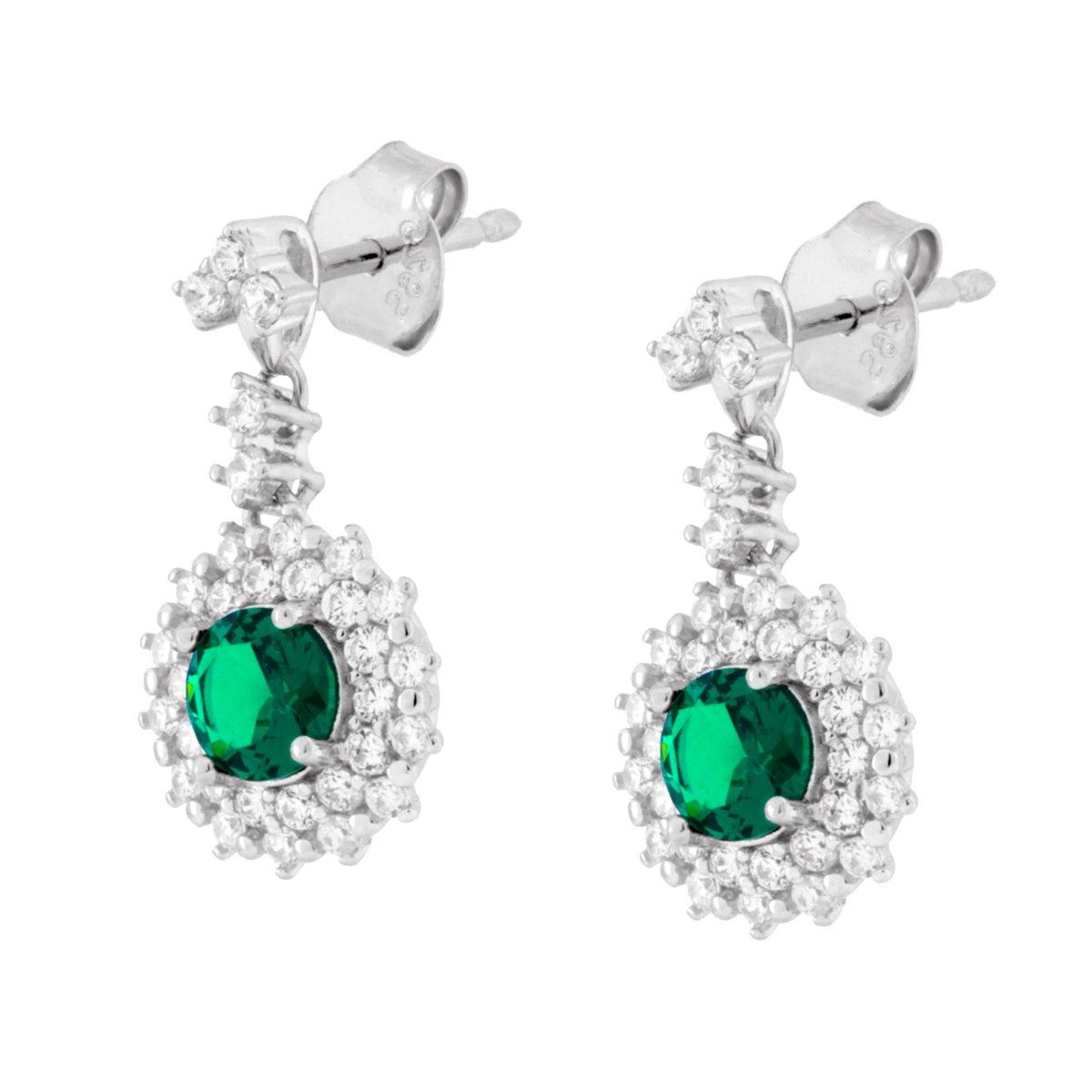 Parure Set Orecchini e Ciondolo Tondo Pendente Verde Smeraldo contornato da Cubic Zirconia Bianchi in ARGENTO 925 Galvanica Rodio