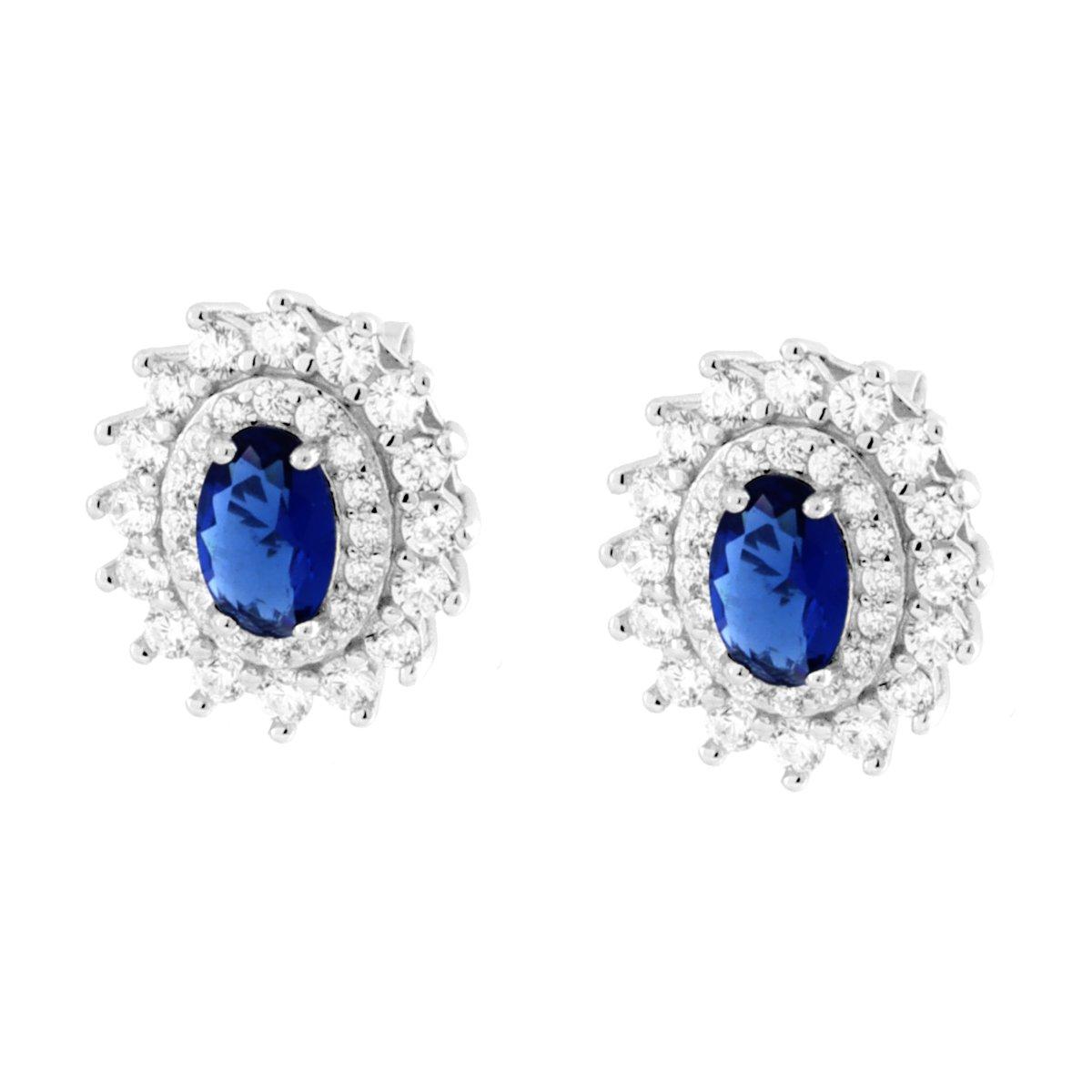 Parure Set Orecchini e Collana Catena Forzatina Diamantata con Ovale Blu Zaffiro contornato da due giri di Cubic Zirconia Bianchi in ARGENTO 925 Galvanica Rodio