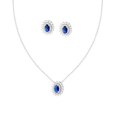 Parure Set Orecchini e Collana Catena Forzatina Diamantata con Ovale Blu Zaffiro contornato da due giri di Cubic Zirconia Bianchi in ARGENTO 925 Galvanica Rodio