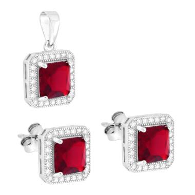 Parure Set Orecchini e Ciondolo Quadrato Rosso Rubino contornato da Cubic Zirconia Bianchi in ARGENTO 925 Galvanica Rodio