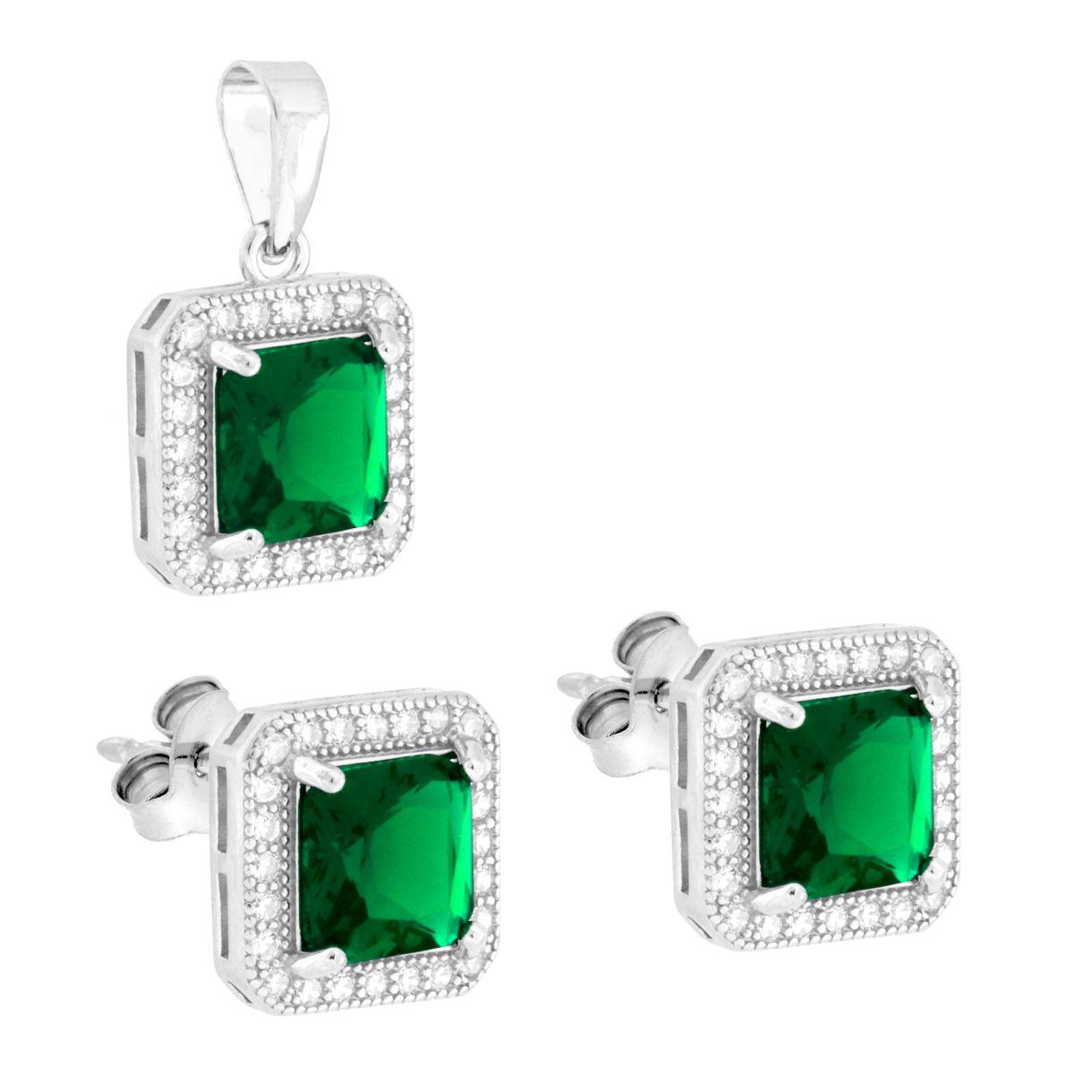 Parure Set Orecchini e Ciondolo Quadrato Verde Smeraldo contornato da Cubic Zirconia Bianchi in ARGENTO 925 Galvanica Rodio