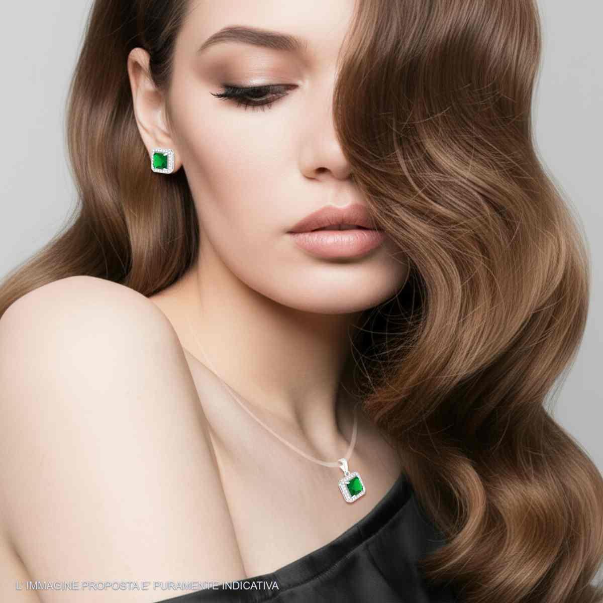 Parure Set Orecchini e Ciondolo Quadrato Verde Smeraldo contornato da Cubic Zirconia Bianchi in ARGENTO 925 Galvanica Rodio