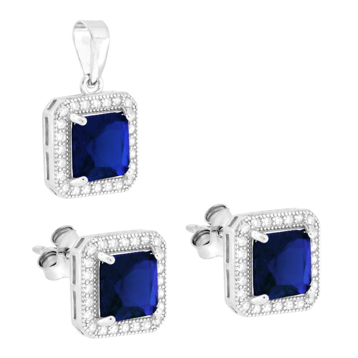 Parure Set Orecchini e Ciondolo Quadrato Blu Zaffiro contornato da Cubic Zirconia Bianchi in ARGENTO 925 Galvanica Rodio