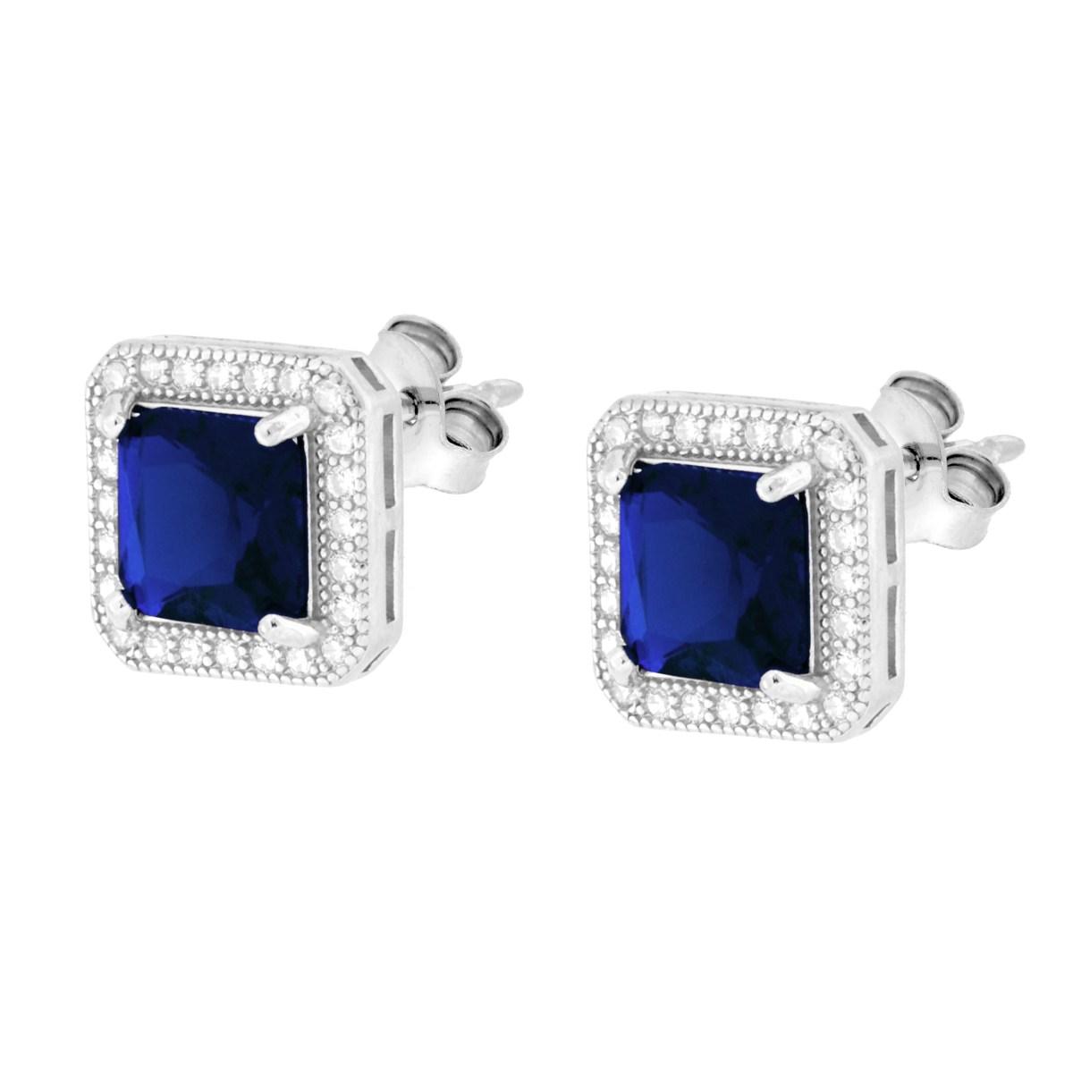 Parure Set Orecchini e Ciondolo Quadrato Blu Zaffiro contornato da Cubic Zirconia Bianchi in ARGENTO 925 Galvanica Rodio