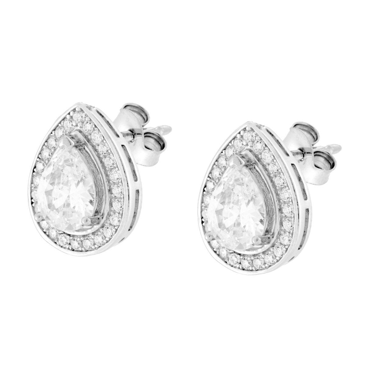 Parure Set Orecchini e Ciondolo Goccia Bianco contornato da Cubic Zirconia Bianchi in ARGENTO 925 Galvanica Rodio