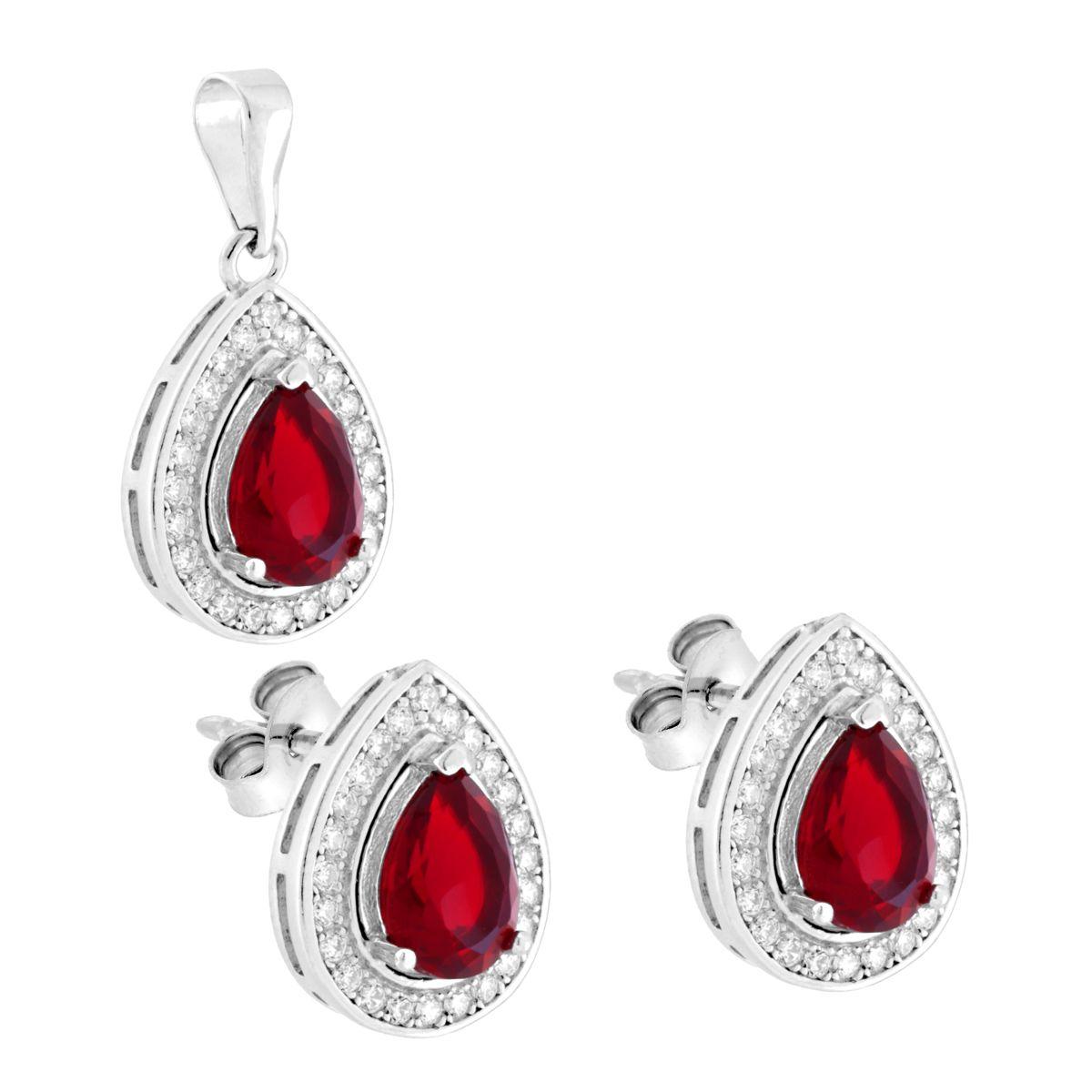 Parure Set Orecchini e Ciondolo Goccia Rosso Rubino contornato da Cubic Zirconia Bianchi in ARGENTO 925 Galvanica Rodio