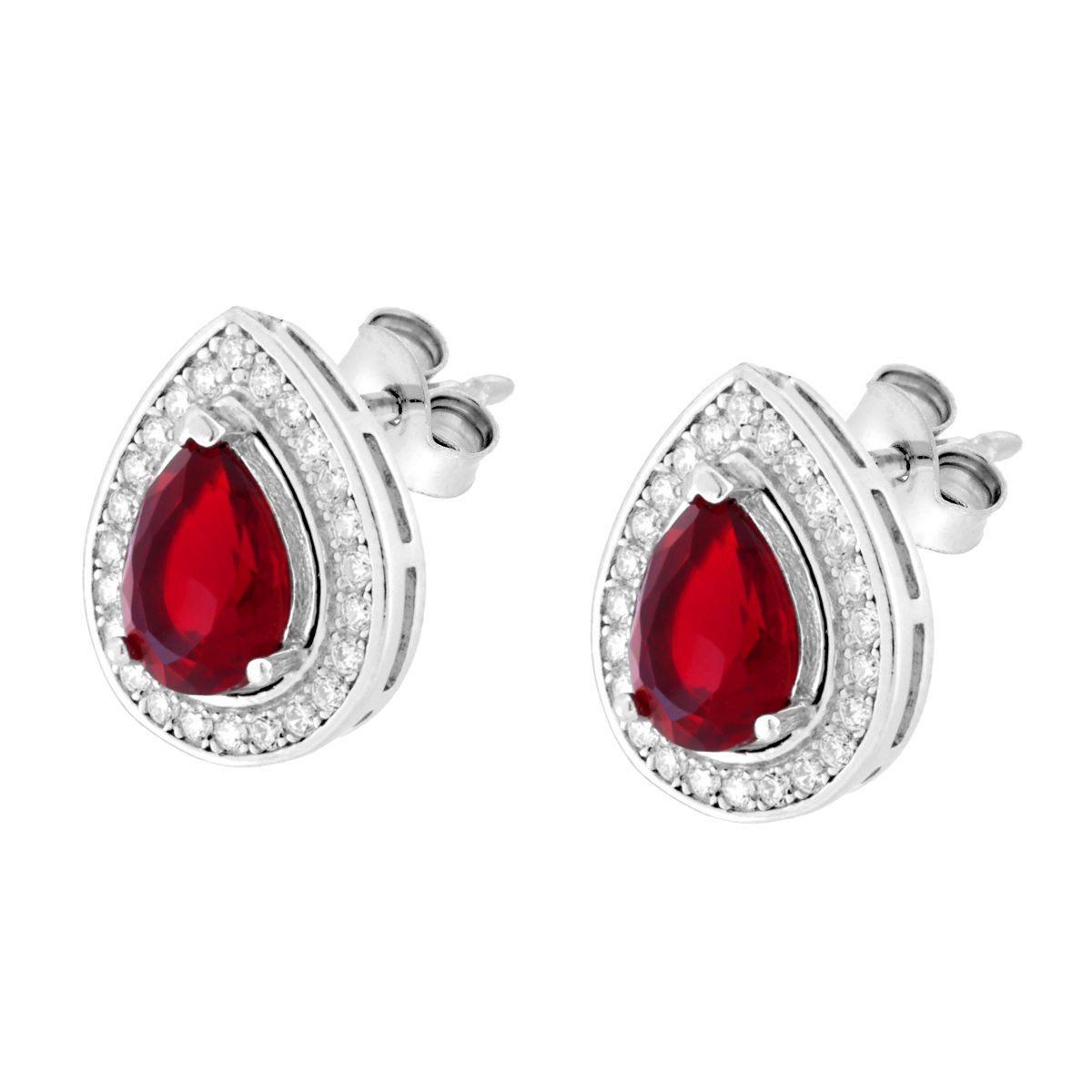 Parure Set Orecchini e Ciondolo Goccia Rosso Rubino contornato da Cubic Zirconia Bianchi in ARGENTO 925 Galvanica Rodio