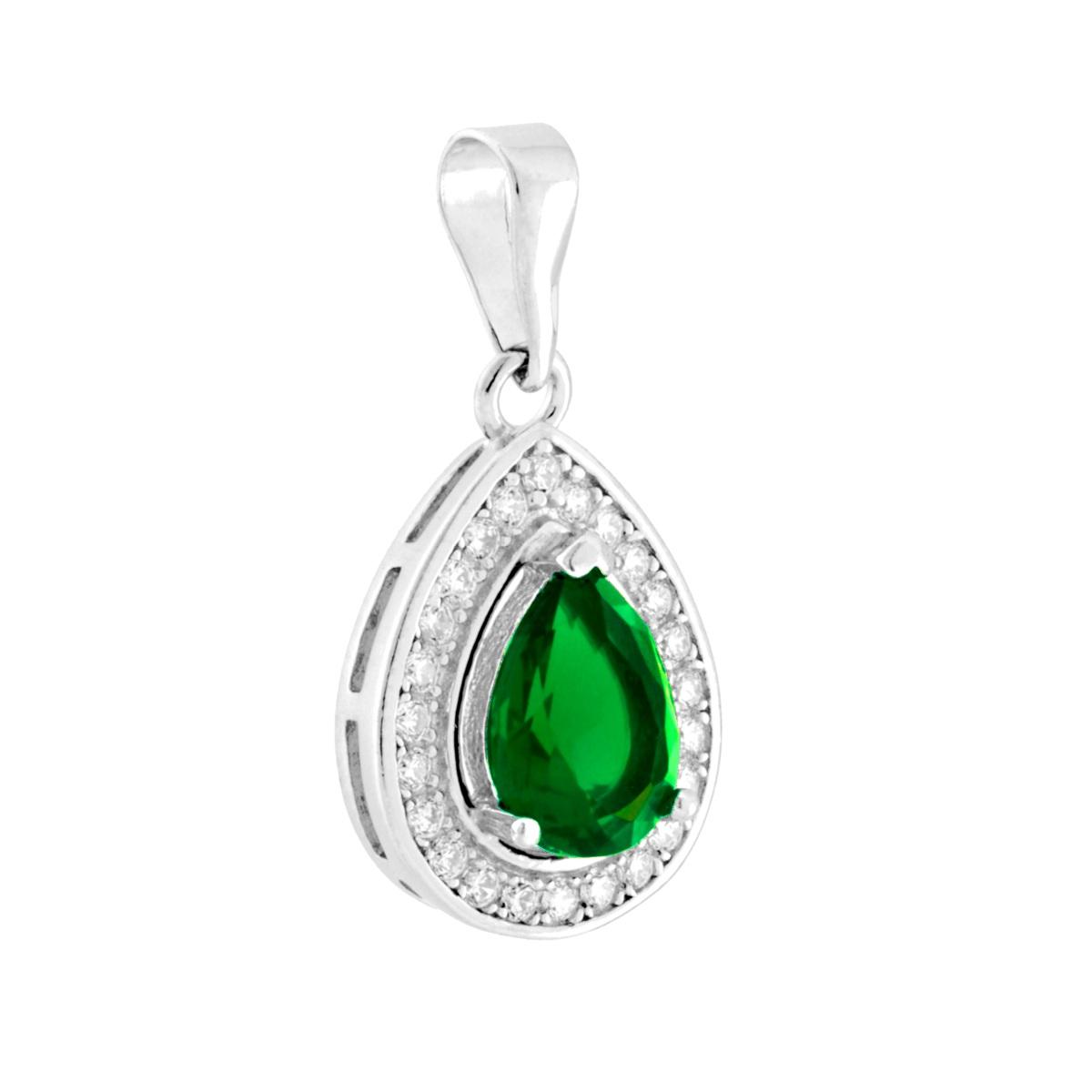 Parure Set Orecchini e Ciondolo Goccia Verde Smeraldo contornato da Cubic Zirconia Bianchi in ARGENTO 925 Galvanica Rodio