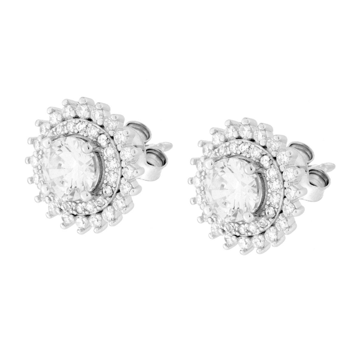 Parure Set Orecchini e Ciondolo Tondo Bianco contornato da Cubic Zirconia Bianchi in ARGENTO 925 Galvanica Rodio