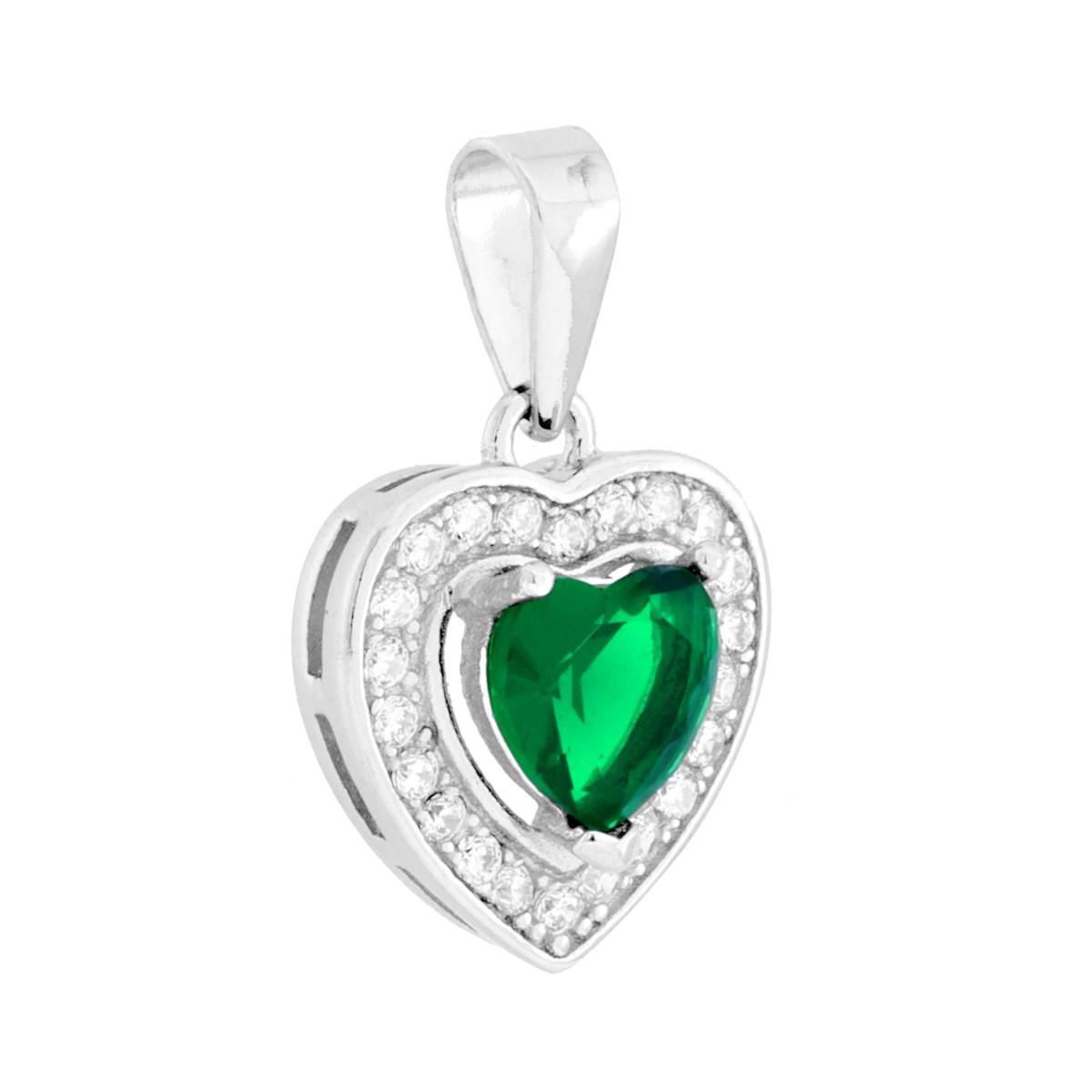 Parure Set Orecchini e Ciondolo Cuore Verde Smeraldo contornato da Cubic Zirconia Bianchi in ARGENTO 925 Galvanica Rodio