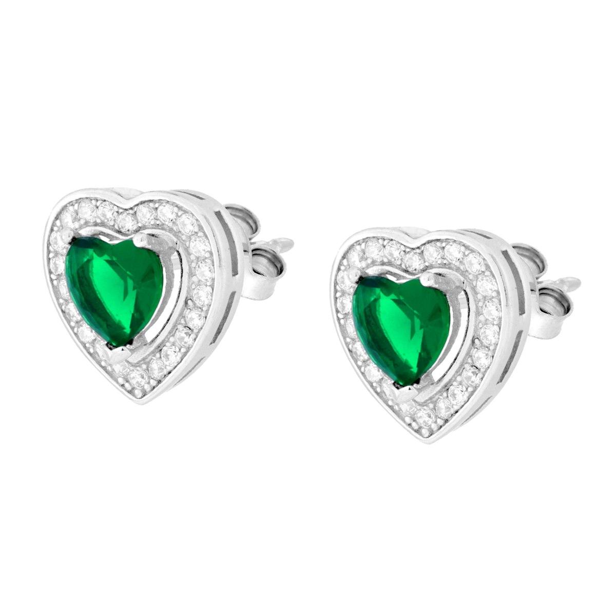 Parure Set Orecchini e Ciondolo Cuore Verde Smeraldo contornato da Cubic Zirconia Bianchi in ARGENTO 925 Galvanica Rodio