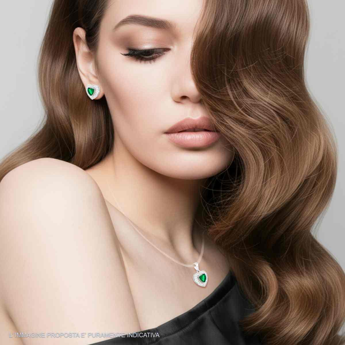 Parure Set Orecchini e Ciondolo Cuore Verde Smeraldo contornato da Cubic Zirconia Bianchi in ARGENTO 925 Galvanica Rodio