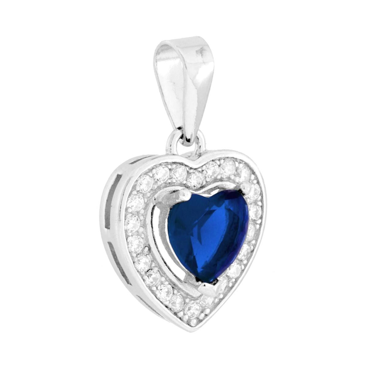Parure Set Orecchini e Ciondolo Cuore Blu Zaffiro contornato da Cubic Zirconia Bianchi in ARGENTO 925 Galvanica Rodio