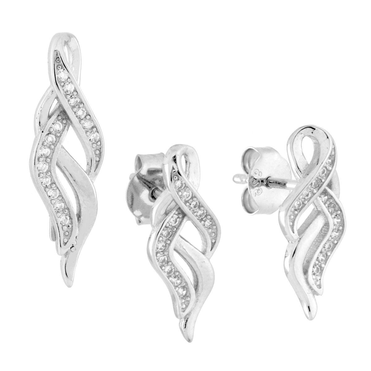 Parure Set Orecchini e Ciondolo Nastro con Cubic Zirconia Bianchi in ARGENTO 925 Galvanica Rodio