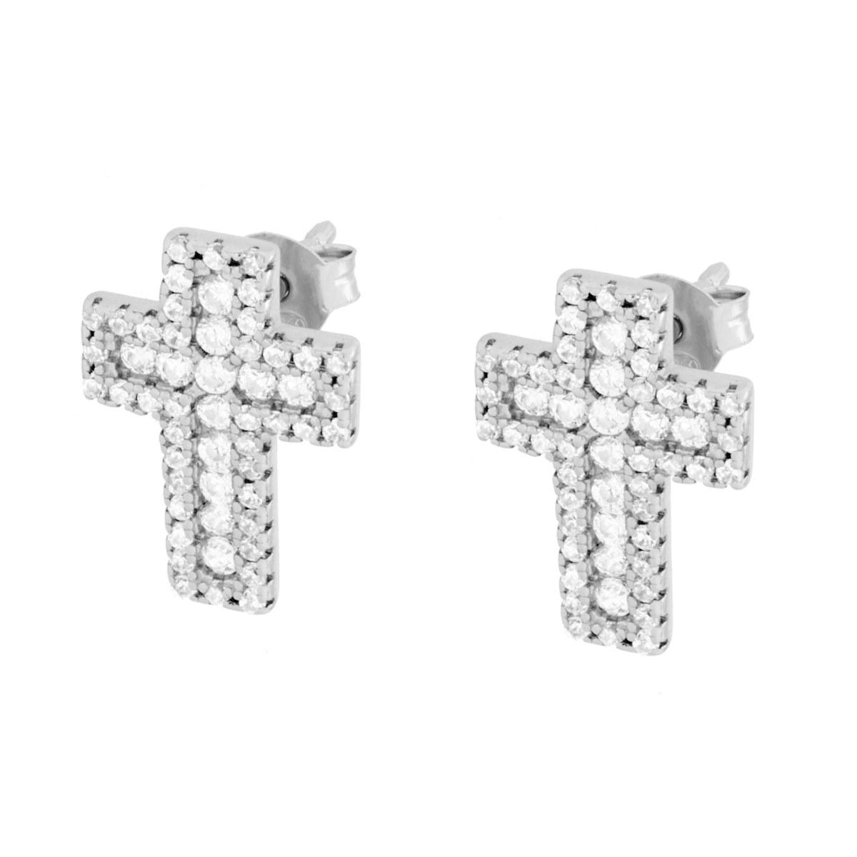Parure Set Orecchini e Ciondolo Croce con Cubic Zirconia Bianchi in ARGENTO 925 Galvanica Rodio