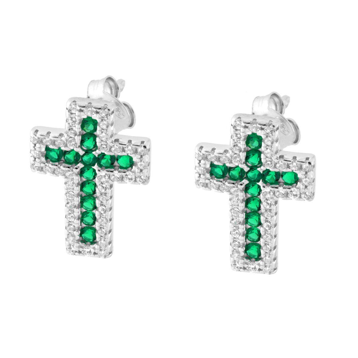 Parure Set Orecchini e Ciondolo Croce con Cubic Zirconia Verde Smeraldo e Bianchi in ARGENTO 925 Galvanica Rodio