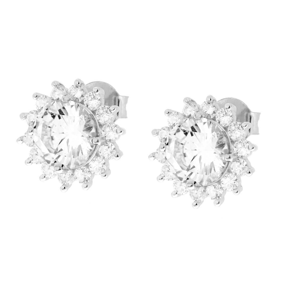 Parure Set Orecchini e Ciondolo Tondo Bianco contornato da Cubic Zirconia Bianchi in ARGENTO 925 Galvanica Rodio