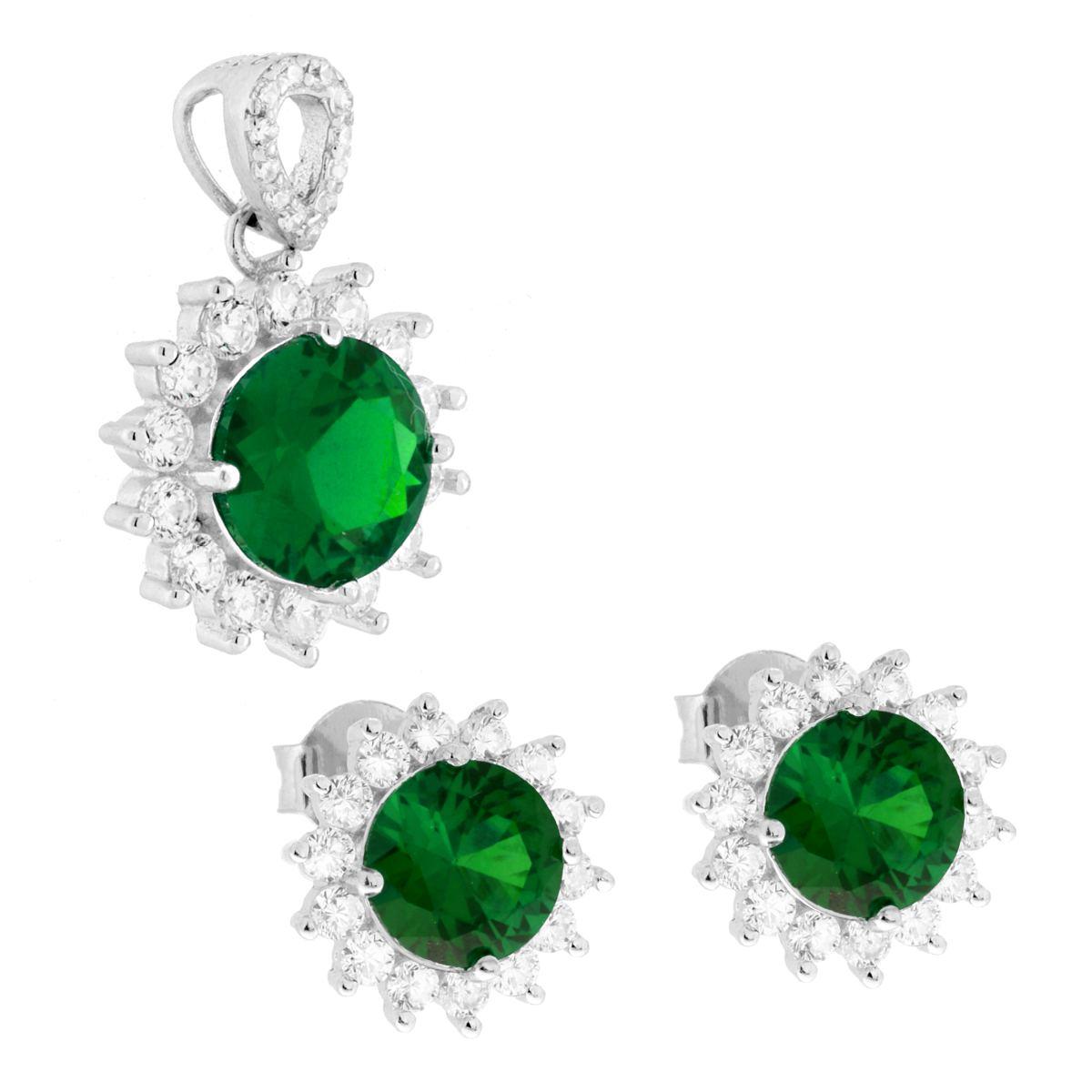 Parure Set Orecchini e Ciondolo Tondo Verde Smeraldo contornato da Cubic Zirconia Bianchi in ARGENTO 925 Galvanica Rodio