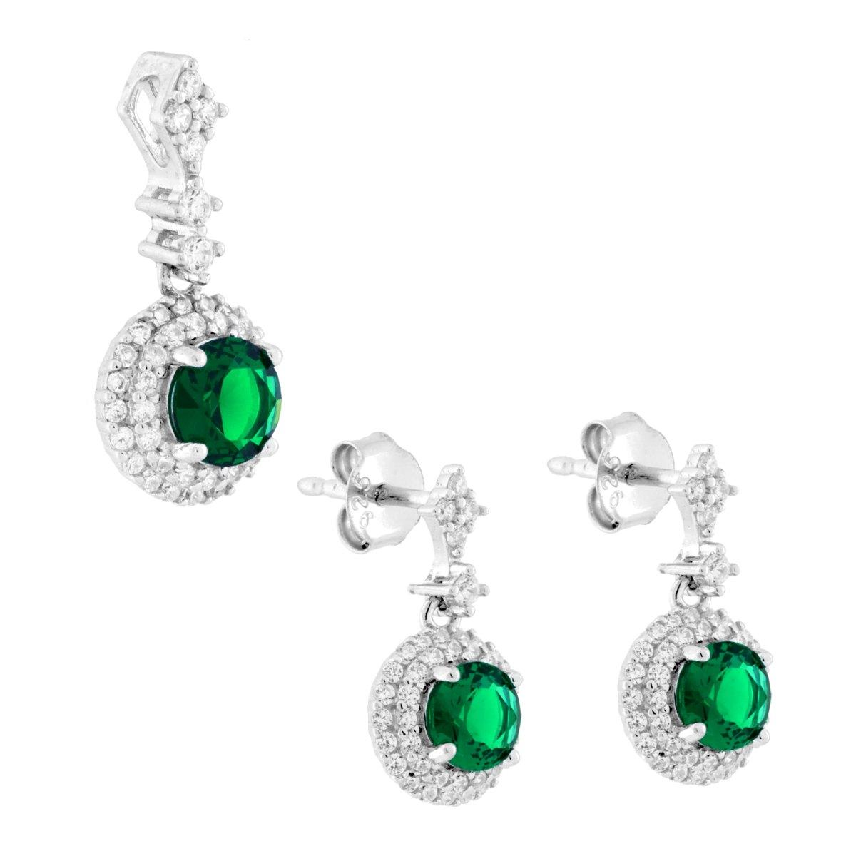Parure Set Orecchini e Ciondolo Tondo Pendente Verde Smeraldo contornato da Cubic Zirconia Bianchi in ARGENTO 925 Galvanica Rodio