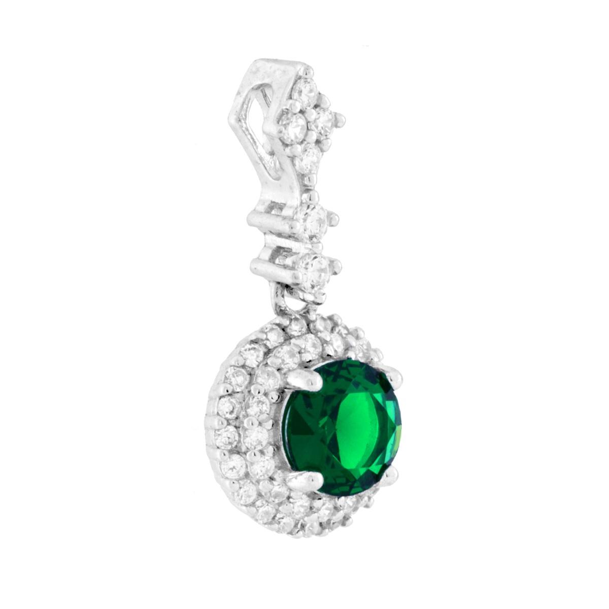 Parure Set Orecchini e Ciondolo Tondo Pendente Verde Smeraldo contornato da Cubic Zirconia Bianchi in ARGENTO 925 Galvanica Rodio