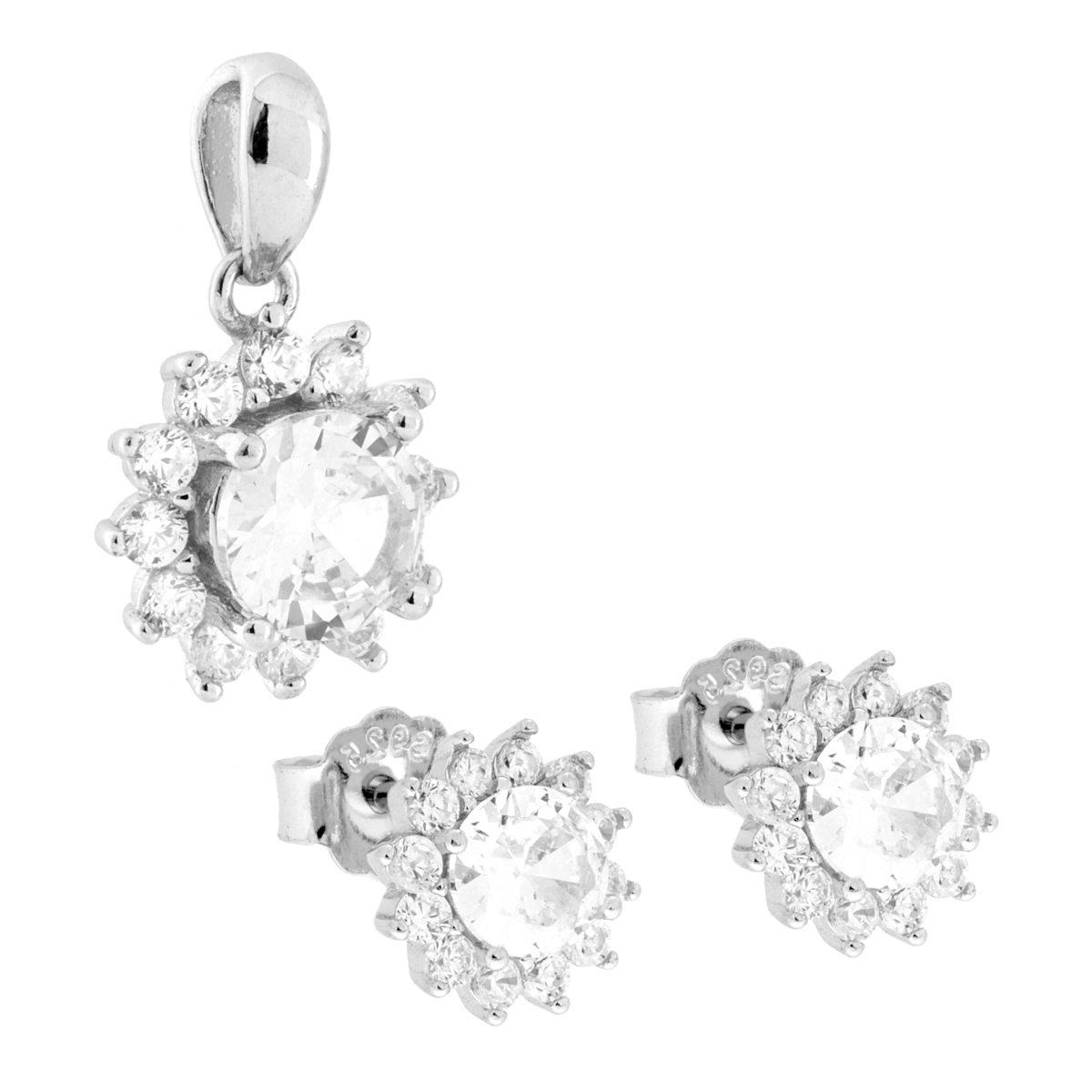 Parure Set Orecchini e Ciondolo Tondo Bianco contornato da Cubic Zirconia Bianchi in ARGENTO 925 Galvanica Rodio