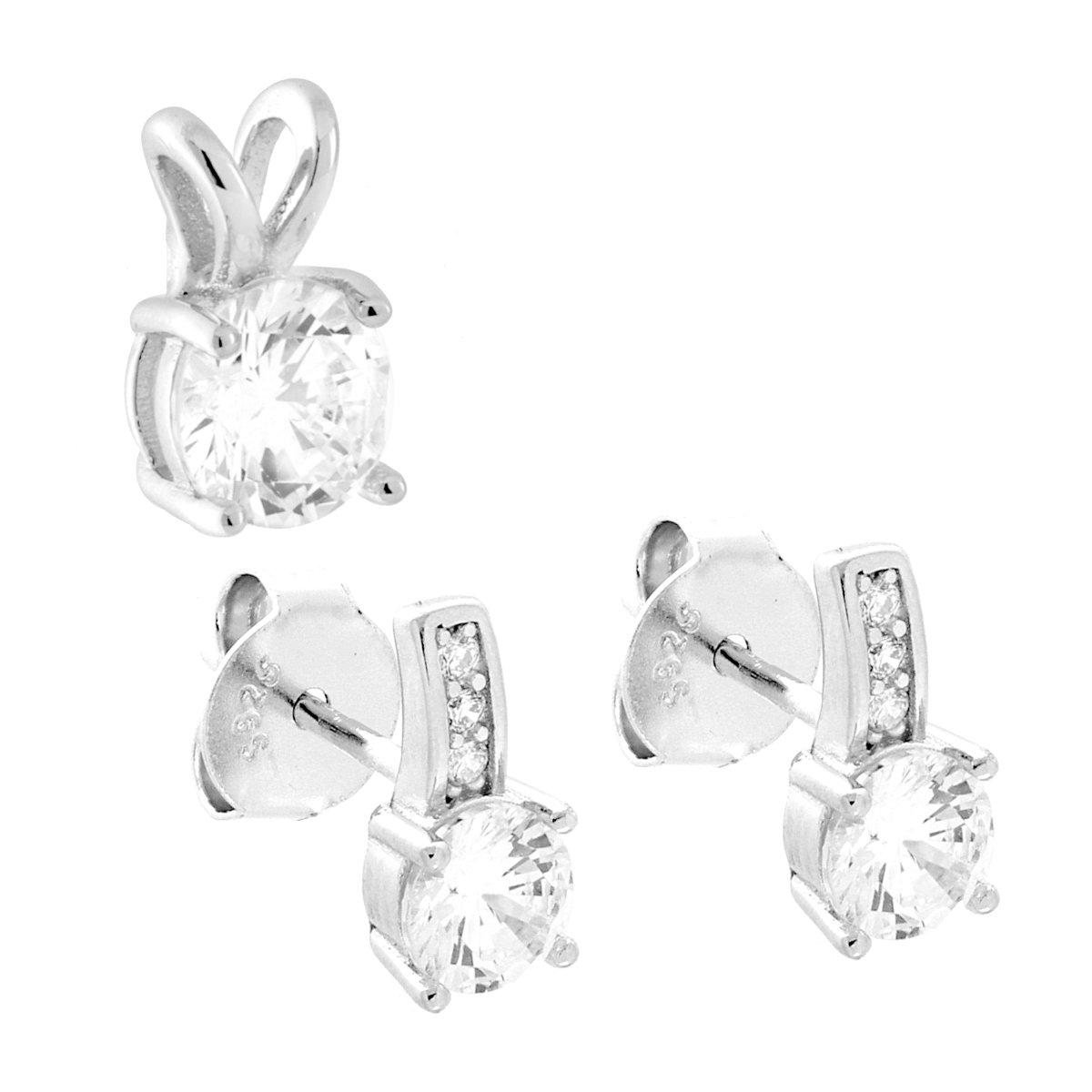 Parure Set Orecchini e Ciondolo Punto Luce Tondo Cubic Zirconia Bianco in ARGENTO 925 Galvanica Rodio