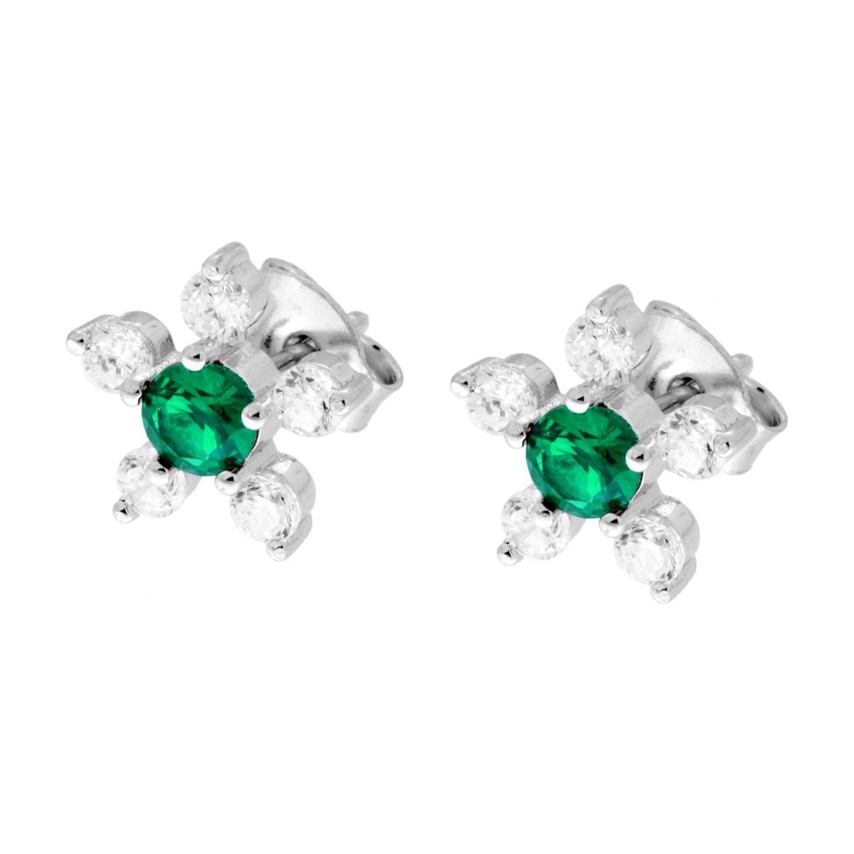 Parure Set Orecchini e Ciondolo Fiore con Cubic Zirconia Verde Smeraldo e Bianchi in ARGENTO 925 Galvanica Rodio