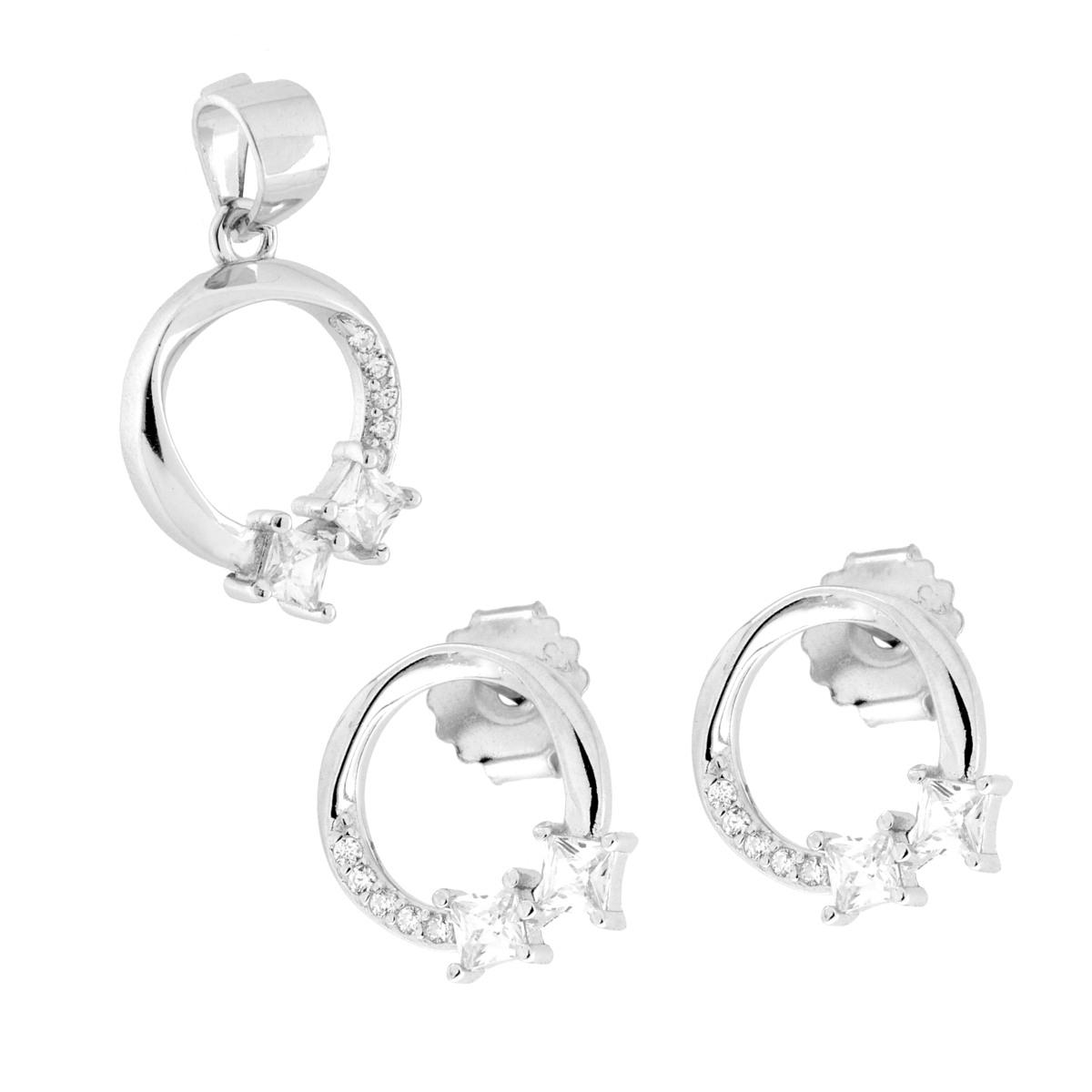 Parure Set Orecchini e Ciondolo Tondo con Cubic Zirconia Bianchi Carre in ARGENTO 925 Galvanica Rodio