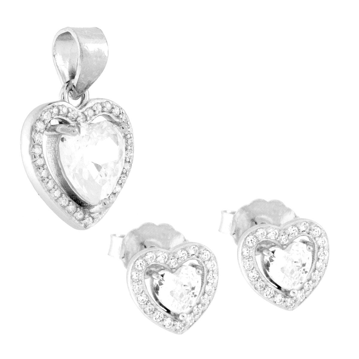 Parure Set Orecchini e Ciondolo Cuore Bianco contornato da Cubic Zirconia Bianchi in ARGENTO 925 Galvanica Rodio