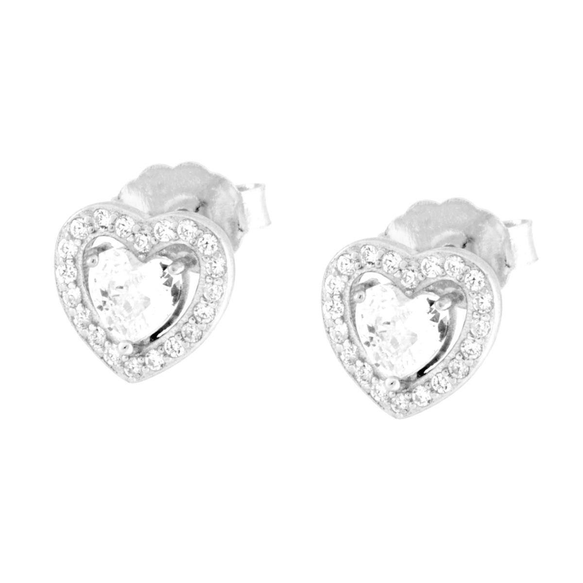 Parure Set Orecchini e Ciondolo Cuore Bianco contornato da Cubic Zirconia Bianchi in ARGENTO 925 Galvanica Rodio