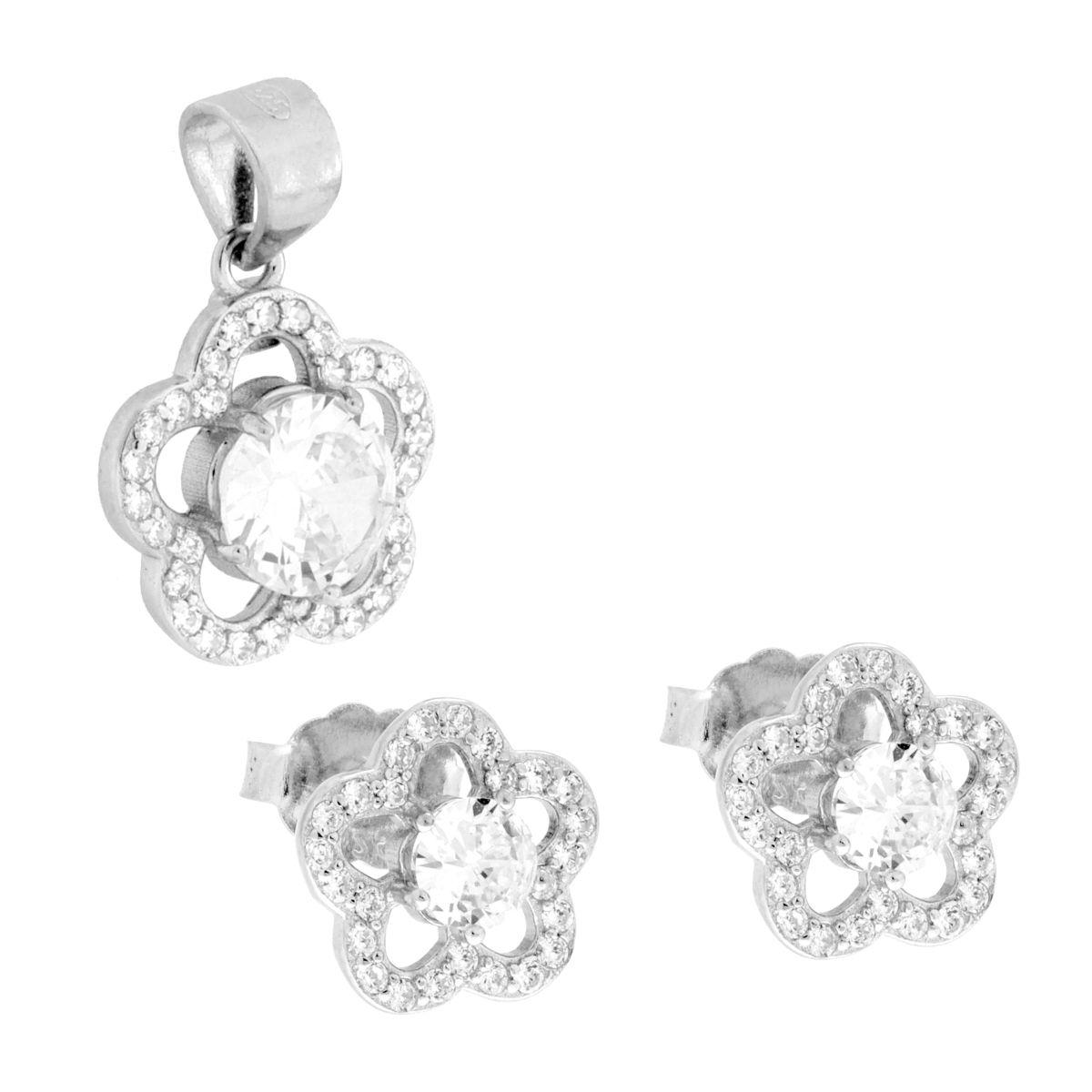 Parure Set Orecchini e Ciondolo Fiore con Tondo Bianco contornato da Cubic Zirconia Bianchi in ARGENTO 925 Galvanica Rodio