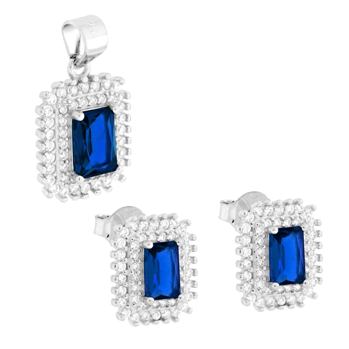 Parure Set Orecchini e Ciondolo Rettangolare Baguette Blu Zaffiro contornato da Cubic Zirconia Bianchi in ARGENTO 925 Galvanica Rodio