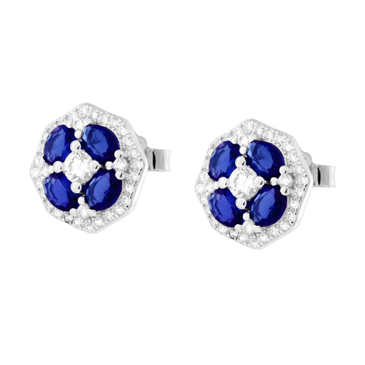 Parure Set Orecchini e Collana Catena Forzatina Diamantata con Fiore Blu Zaffiro contornato da Cubic Zirconia Bianchi in ARGENTO 925 Galvanica Rodio