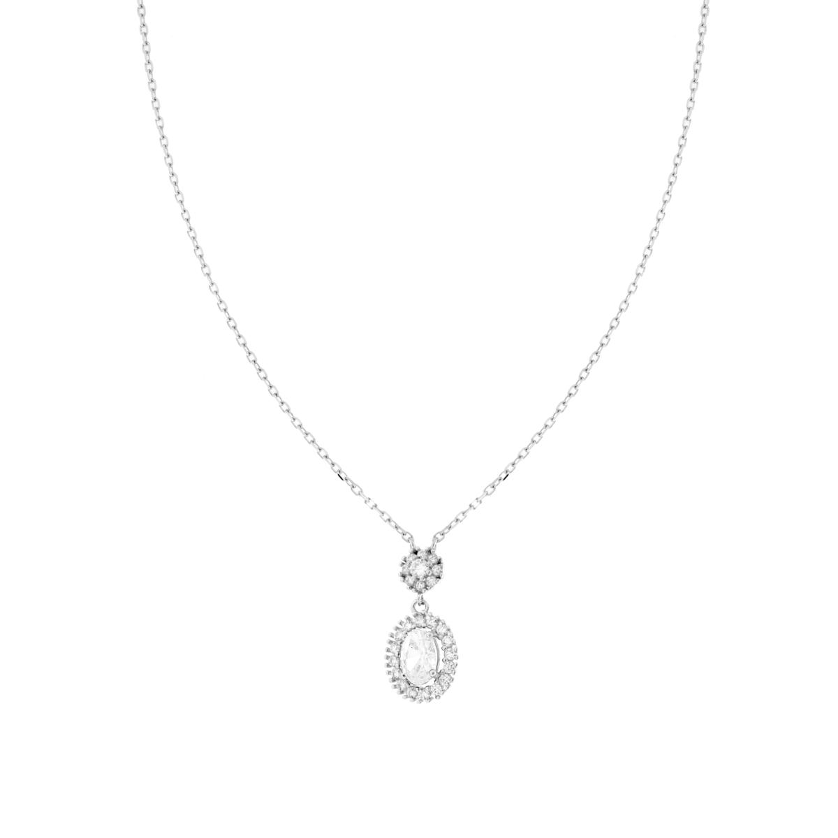 Parure Set Orecchini e Collana Catena Forzatina Diamantata con Ovale Bianco contornato da Cubic Zirconia Bianchi in ARGENTO 925 Galvanica Rodio