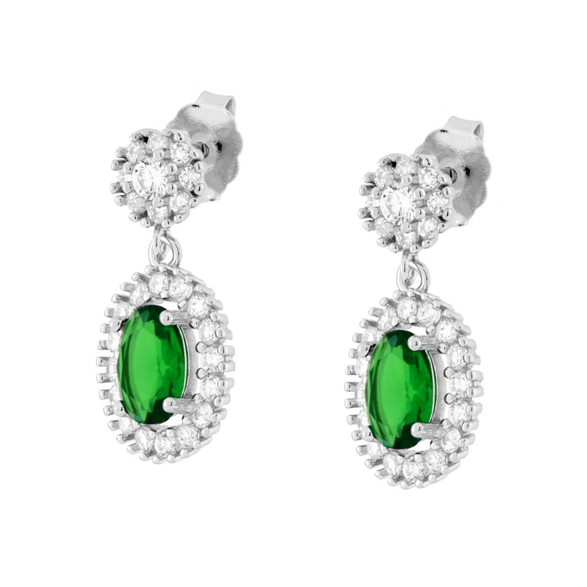 Parure Set Orecchini e Collana Catena Forzatina Diamantata con Ovale Verde Smeraldo contornato da Cubic Zirconia Bianchi in ARGENTO 925 Galvanica Rodio