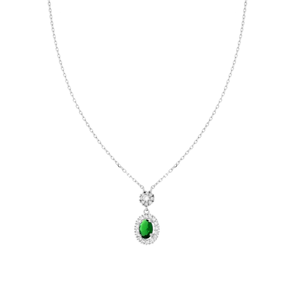 Parure Set Orecchini e Collana Catena Forzatina Diamantata con Ovale Verde Smeraldo contornato da Cubic Zirconia Bianchi in ARGENTO 925 Galvanica Rodio