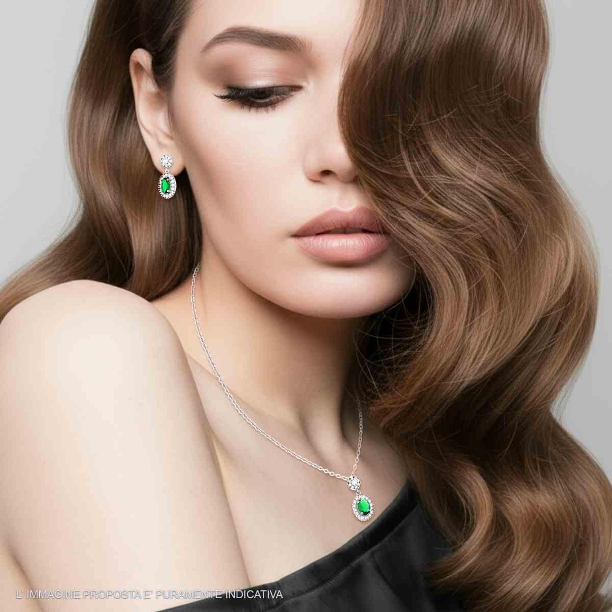 Parure Set Orecchini e Collana Catena Forzatina Diamantata con Ovale Verde Smeraldo contornato da Cubic Zirconia Bianchi in ARGENTO 925 Galvanica Rodio