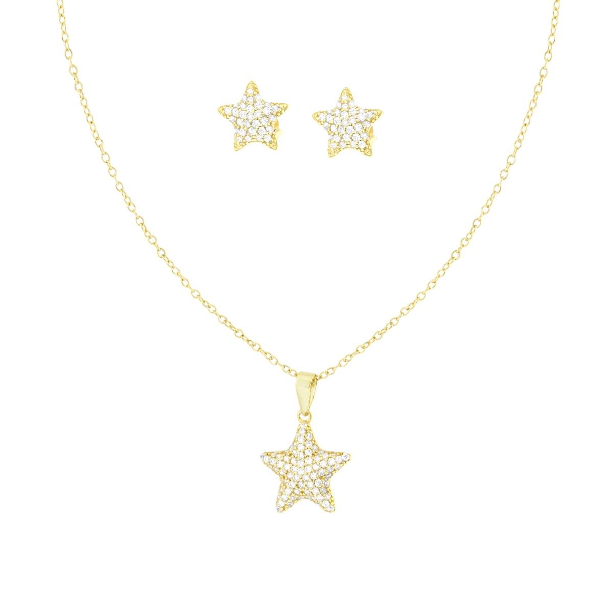 Parure Set Orecchini e Collana Catena Forzatina Diamantata con Stella Cubic e Zirconia Bianchi in ARGENTO 925 Galvanica Oro