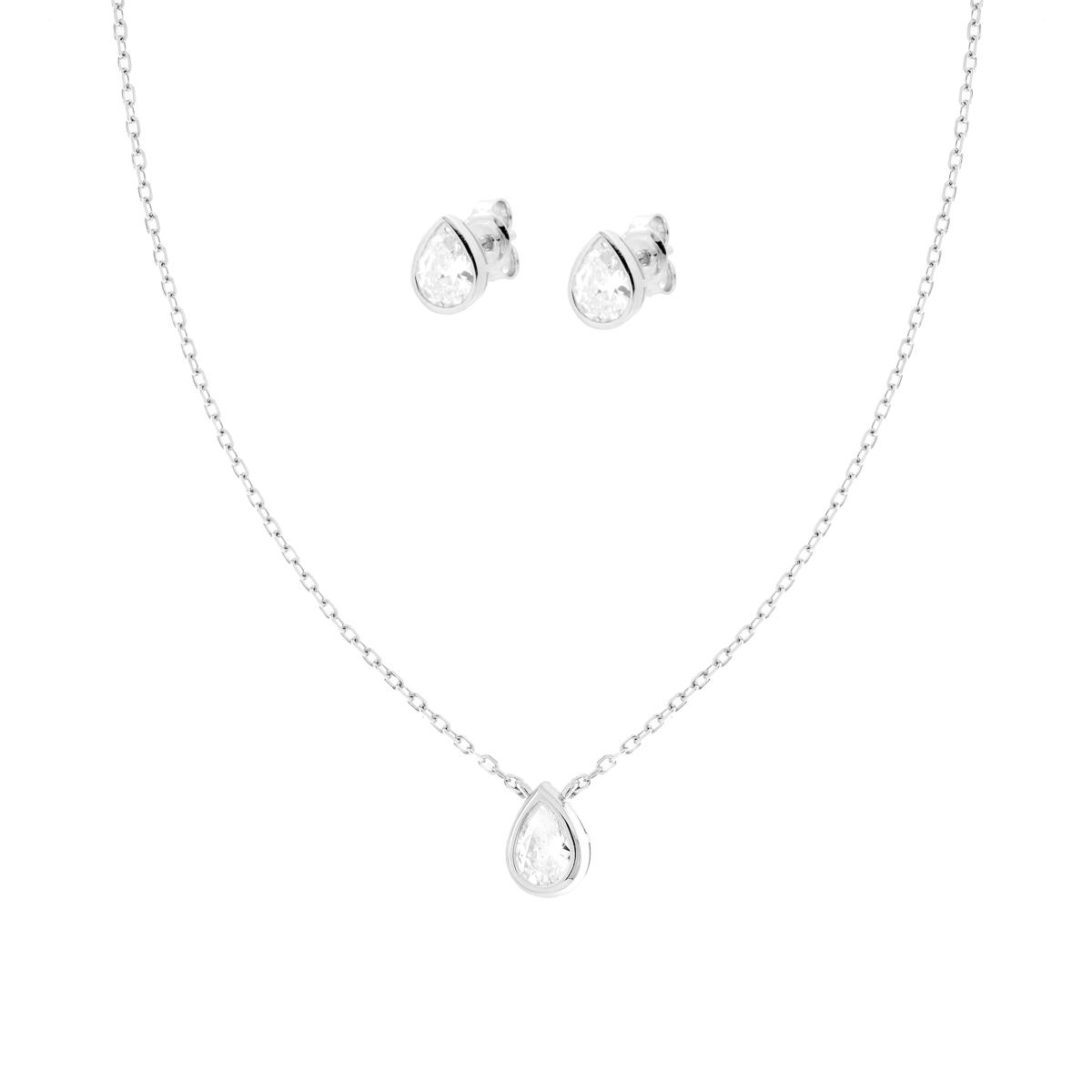 Parure Set Orecchini e Collana Catena Forzatina Diamantata con Punto Luce Goccia Cubic Zirconia Bianchi in ARGENTO 925 Galvanica Rodio