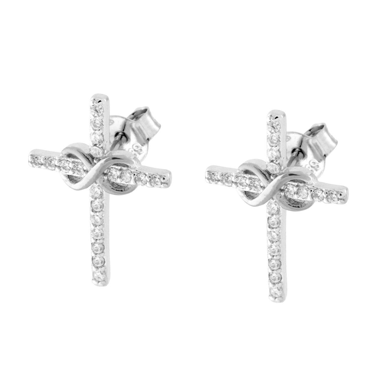Parure Set Orecchini e Ciondolo Croce con Cubic Zirconia Bianchi e Infinito in ARGENTO 925 Galvanica Rodio