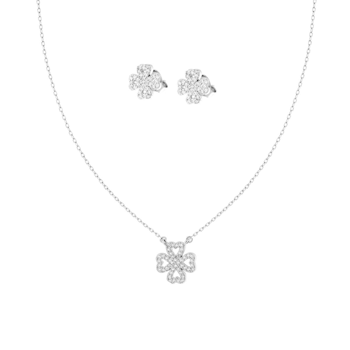 Parure Set Orecchini e Collana Catena Forzatina Diamantata con Quadrifoglio e Cubic Zirconia Bianchi in ARGENTO 925 Galvanica Rodio