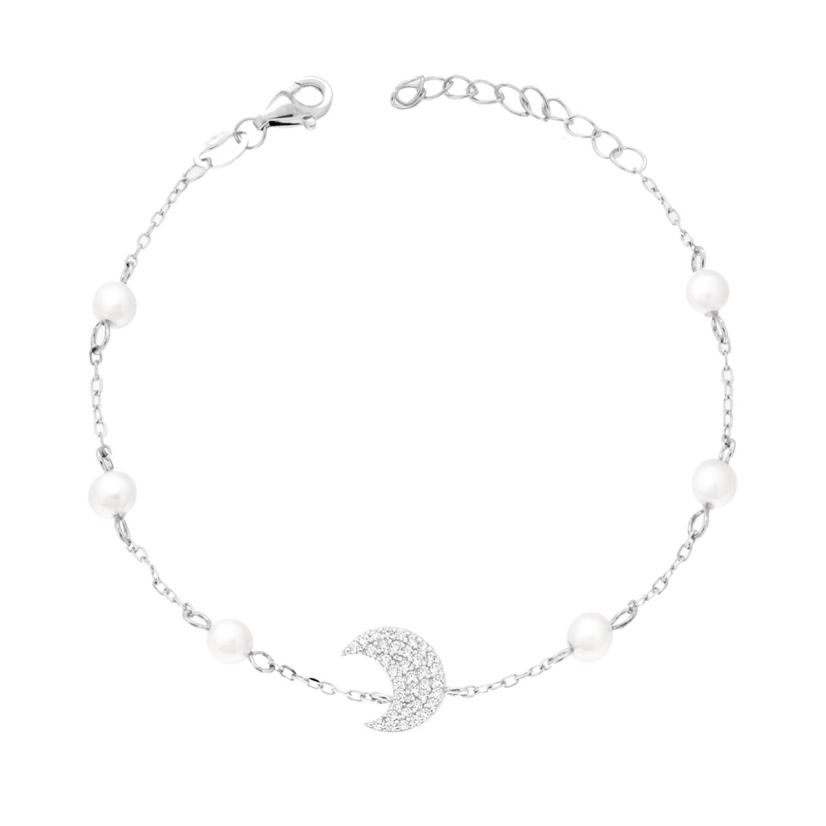 Bracciale Catena Forzatina Diamantata con Luna Cubic Zirconia Bianchi e Perle in ARGENTO 925 Galvanica Rodio