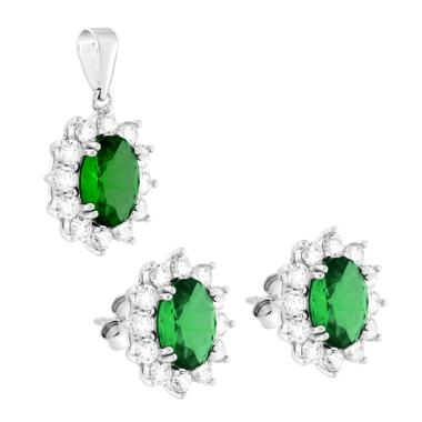 Parure Set Orecchini e Ciondolo Ovale Verde Smeraldo contornato da Cubic Zirconia Bianchi in ARGENTO 925 Galvanica Rodio