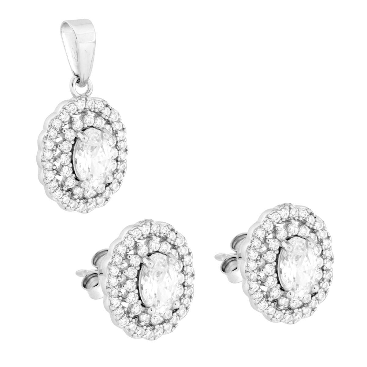 Parure Set Orecchini e Ciondolo Ovale Bianco contornato da due giri di Cubic Zirconia Bianchi in ARGENTO 925 Galvanica Rodio