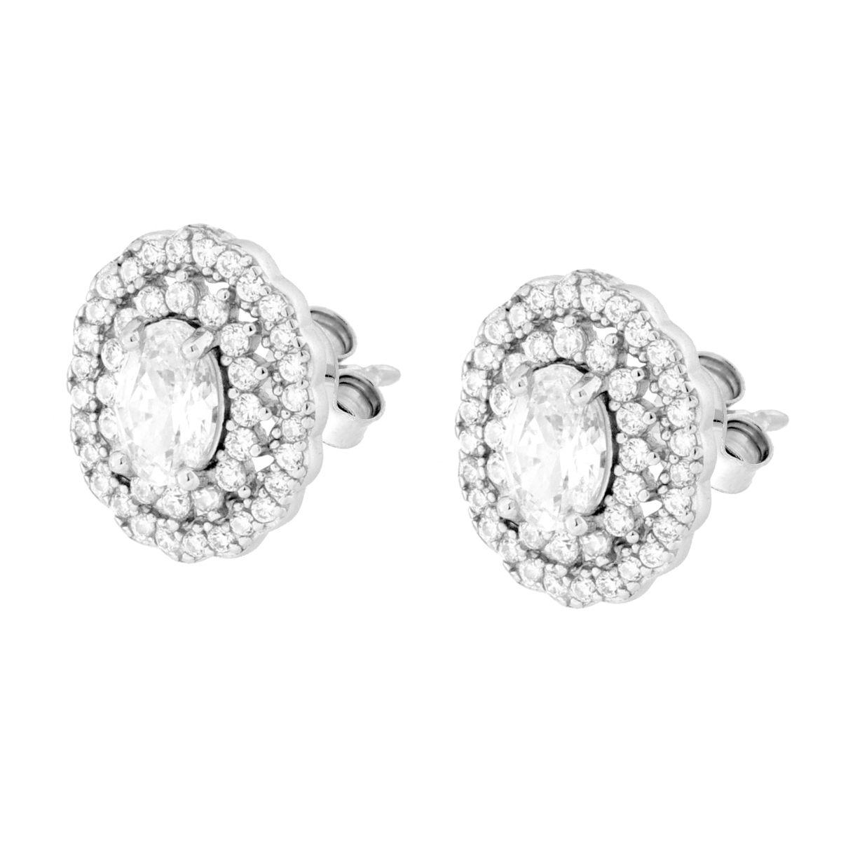 Parure Set Orecchini e Ciondolo Ovale Bianco contornato da due giri di Cubic Zirconia Bianchi in ARGENTO 925 Galvanica Rodio