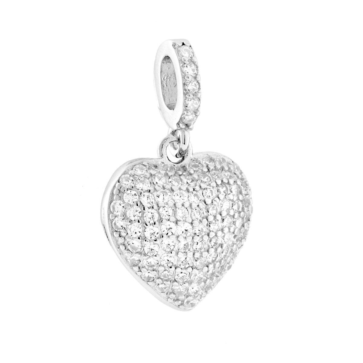 Parure Set Orecchini e Ciondolo Cuore Bombato con Cubic Zirconia Bianchi in ARGENTO 925 Galvanica Rodio