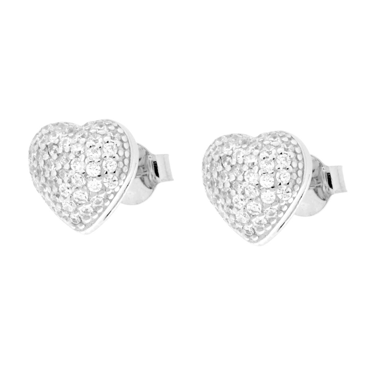 Parure Set Orecchini e Ciondolo Cuore Bombato con Cubic Zirconia Bianchi in ARGENTO 925 Galvanica Rodio